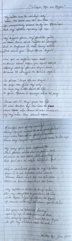 Image of the handwritten poem titled "Send me an angel" by John Horton.