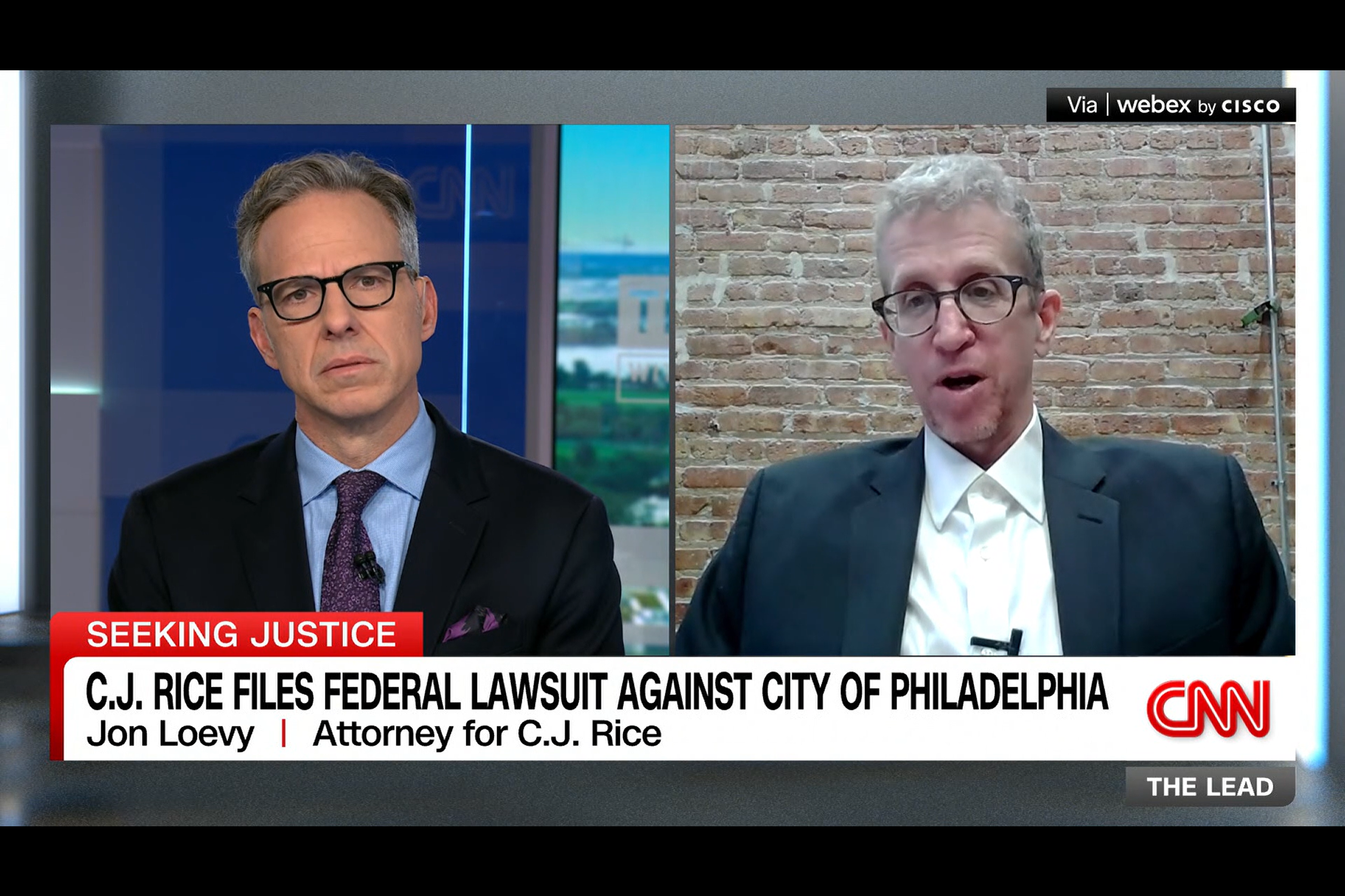 A split-scene from The Lead with Jake Tapper, with Tapper on the left and Jon Loevy on the right.