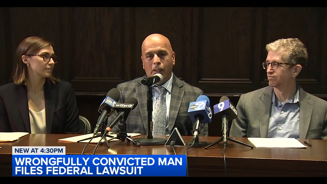 Attorneys Meg Gould and Jon Loevy with plaintiff Jimmy Soto at an October 22 press conference
